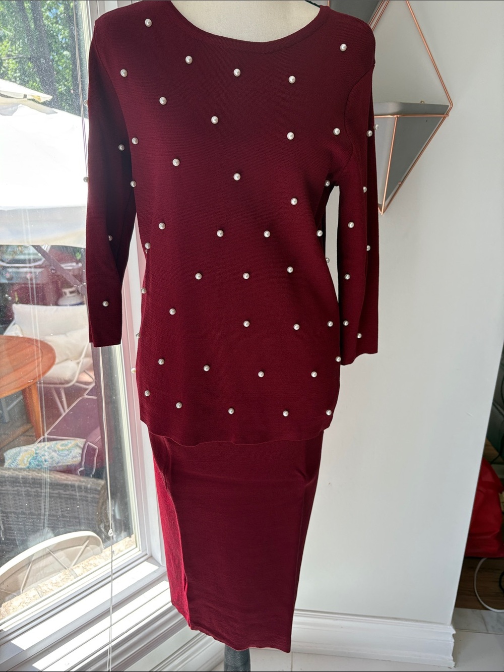 Pearl-Embellished Burgundy Knit Top and Skirt Set Medium